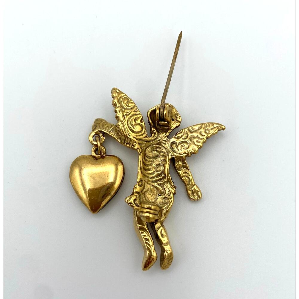 1928 Brand Angel Wings Cherub Brooch Pin Heart Dangle Victorian Style Gold Tone - Picture 7 of 11